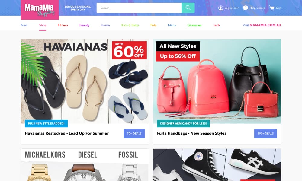 Mamamia Shopping homepage